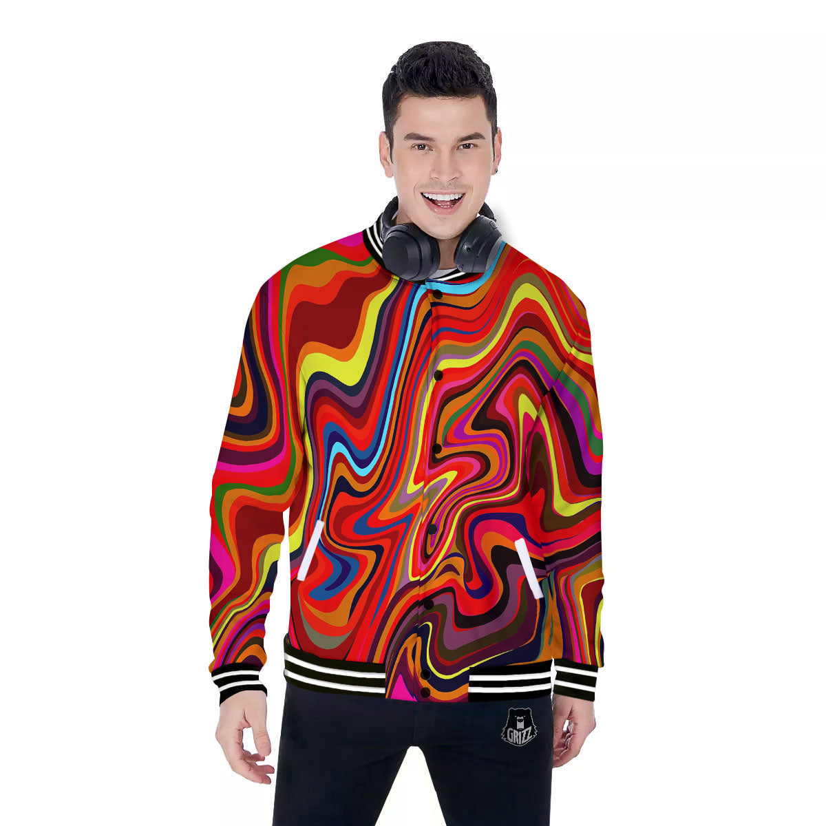 Trippy Abstract Liquid Print Baseball Jacket-grizzshop