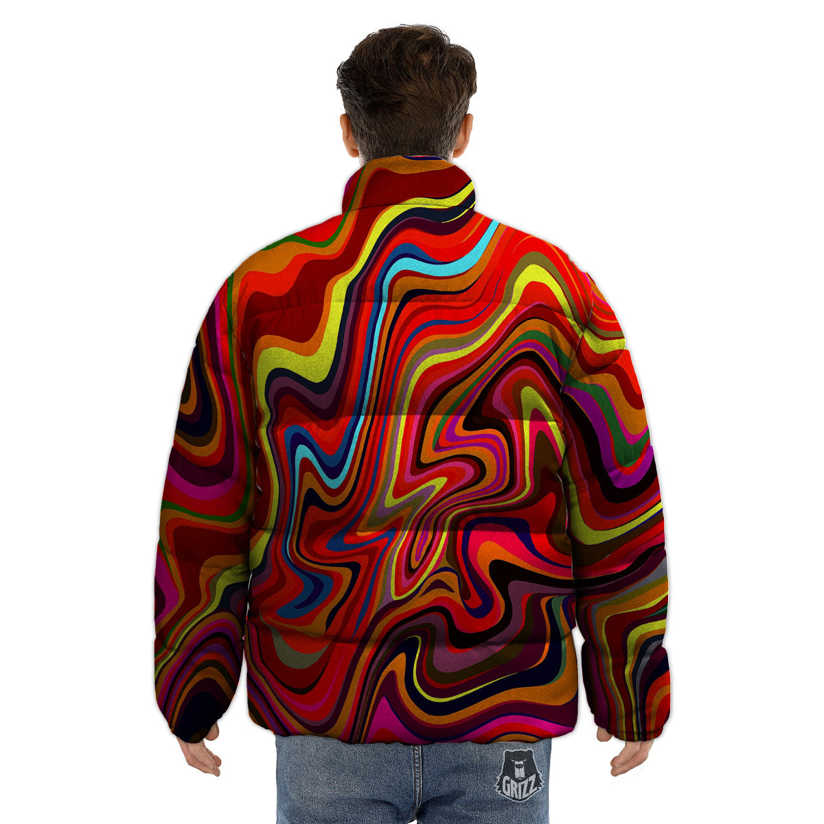 Trippy Abstract Liquid Print Puffer Jacket-grizzshop