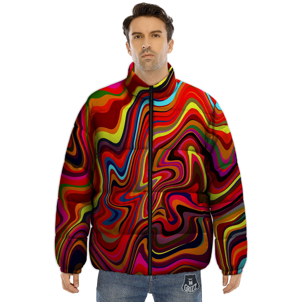 Trippy Abstract Liquid Print Puffer Jacket-grizzshop