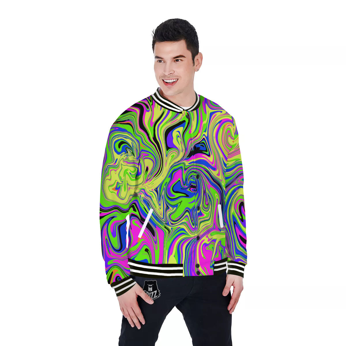 Trippy Abstract Neon Print Baseball Jacket-grizzshop