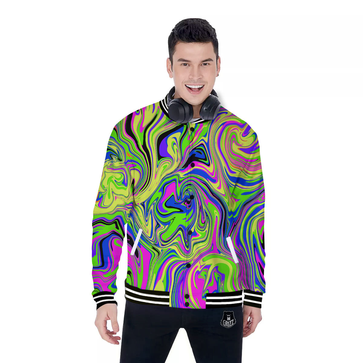 Trippy Abstract Neon Print Baseball Jacket-grizzshop