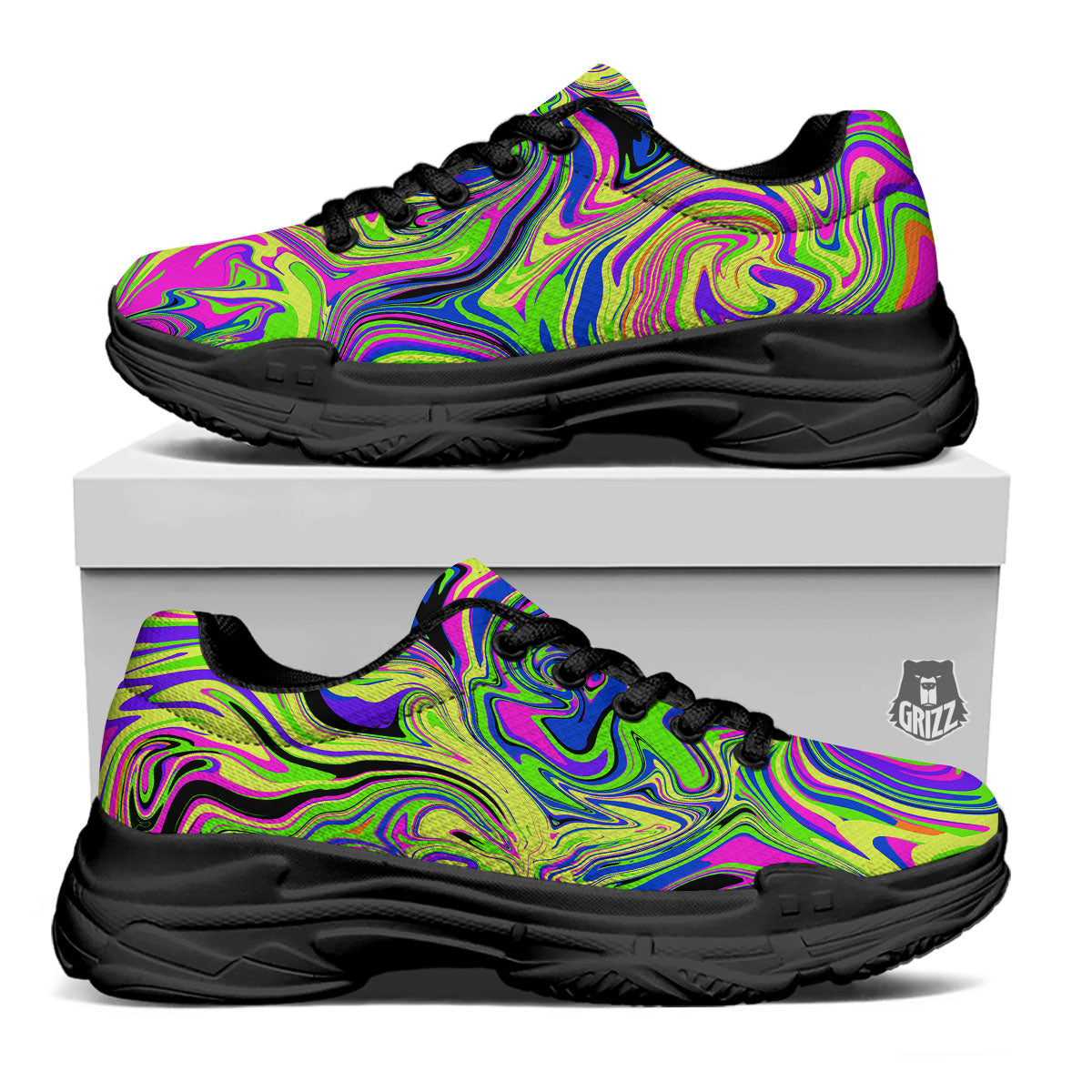 Trippy Abstract Neon Print Black Chunky Shoes-grizzshop