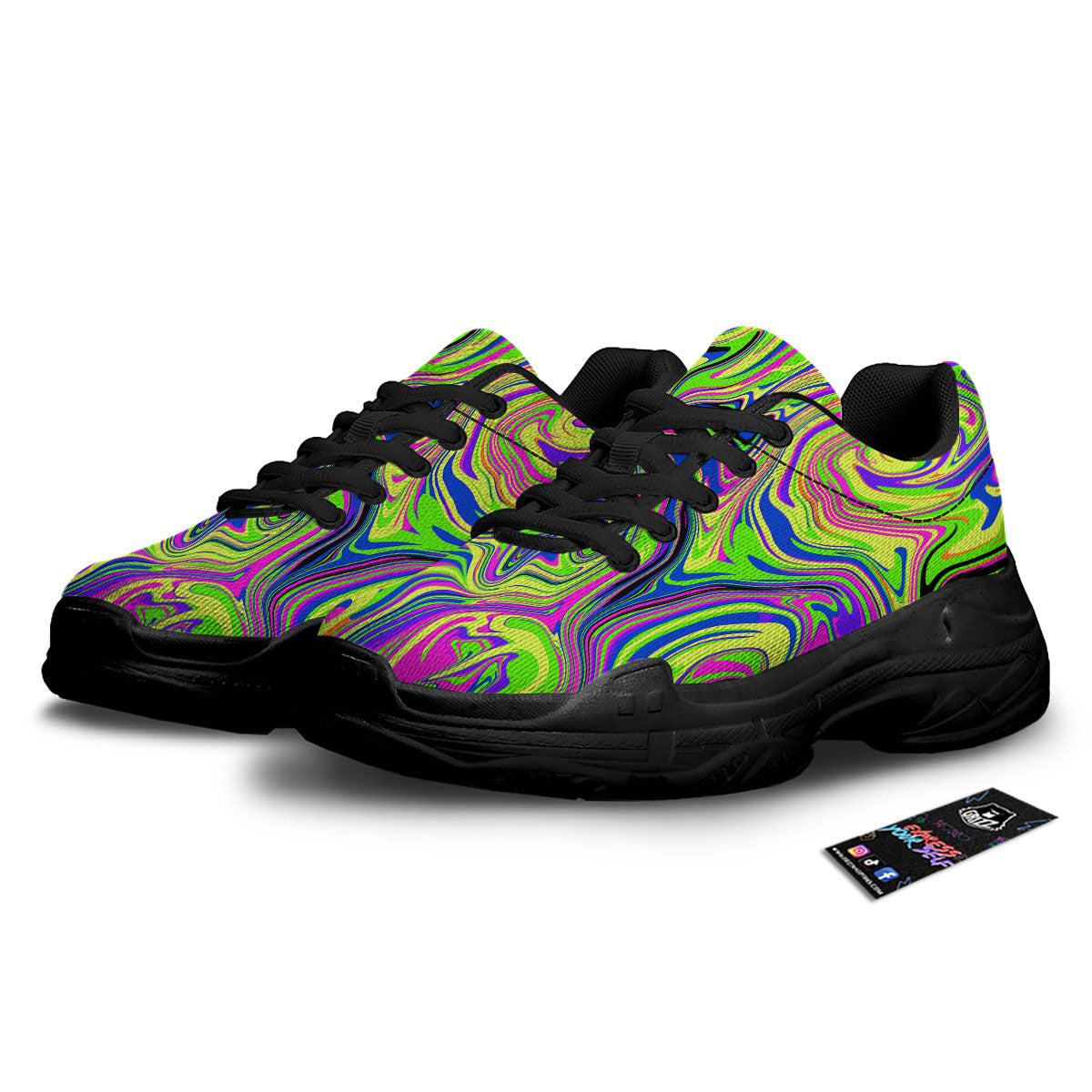 Trippy Abstract Neon Print Black Chunky Shoes-grizzshop