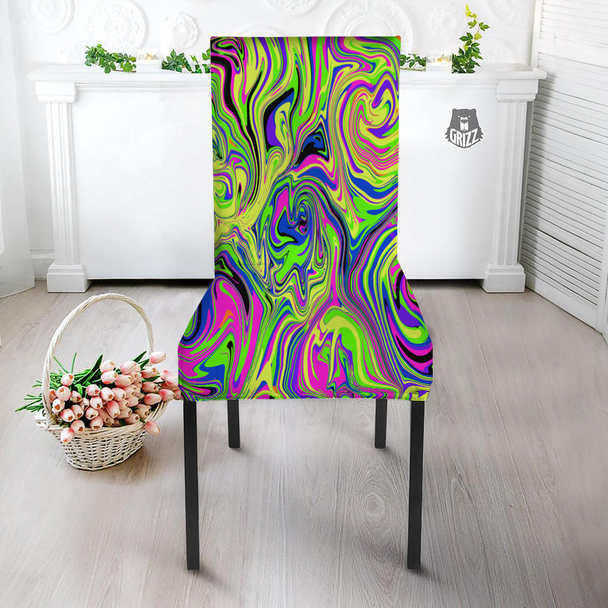 Trippy Abstract Neon Print Dining Chair Slipcover-grizzshop