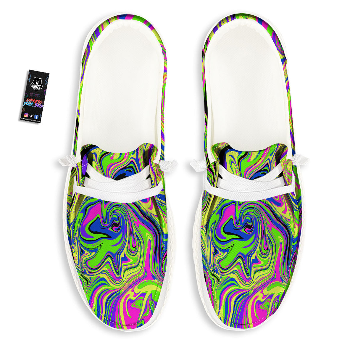 Trippy Abstract Neon Print White Loafers-grizzshop