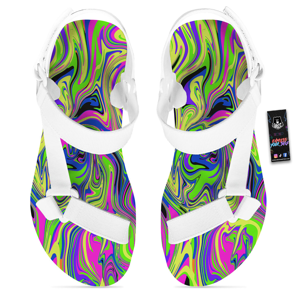 Trippy Abstract Neon Print White Open Toe Sandals-grizzshop