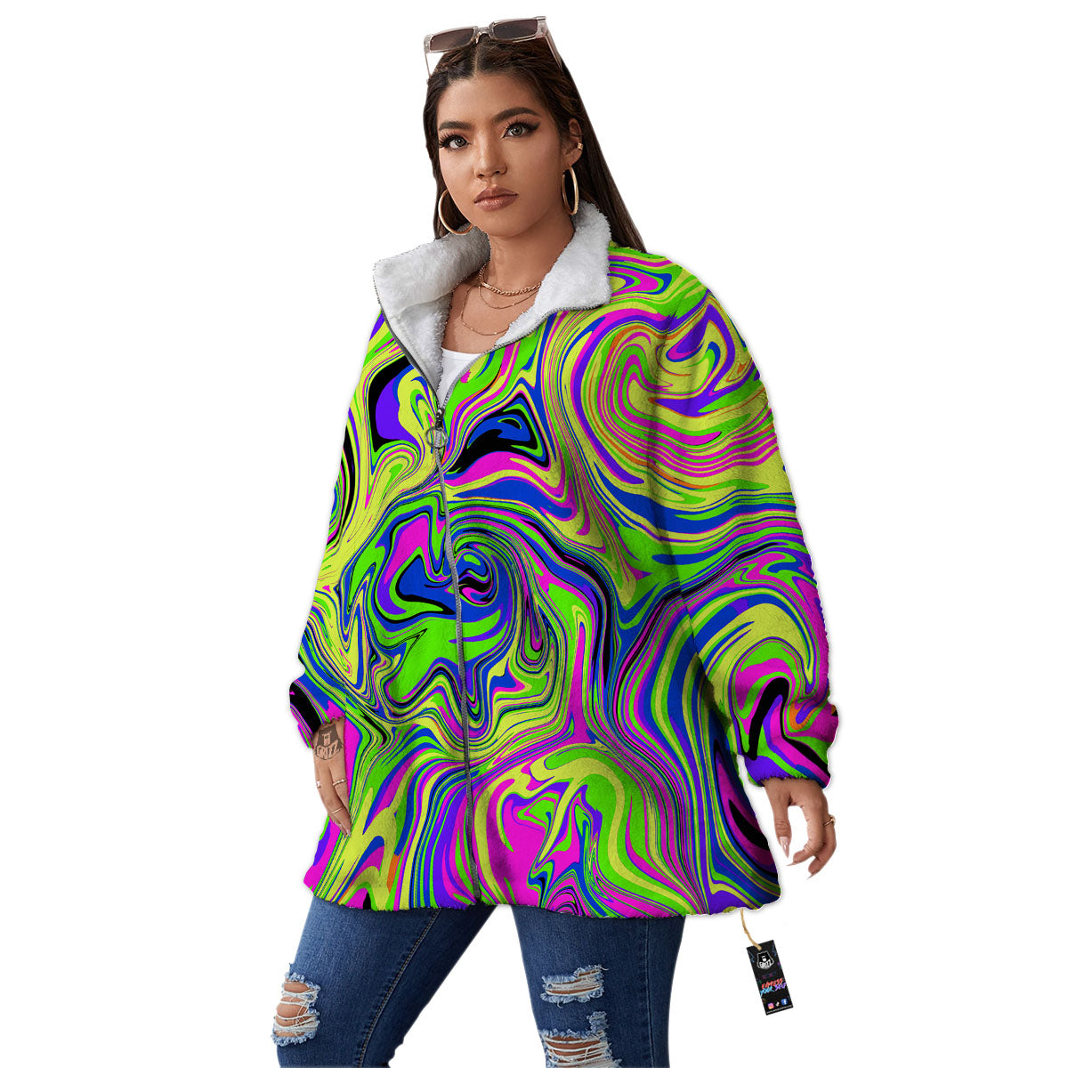 Trippy Abstract Neon Print Women's Sherpa Jacket-grizzshop