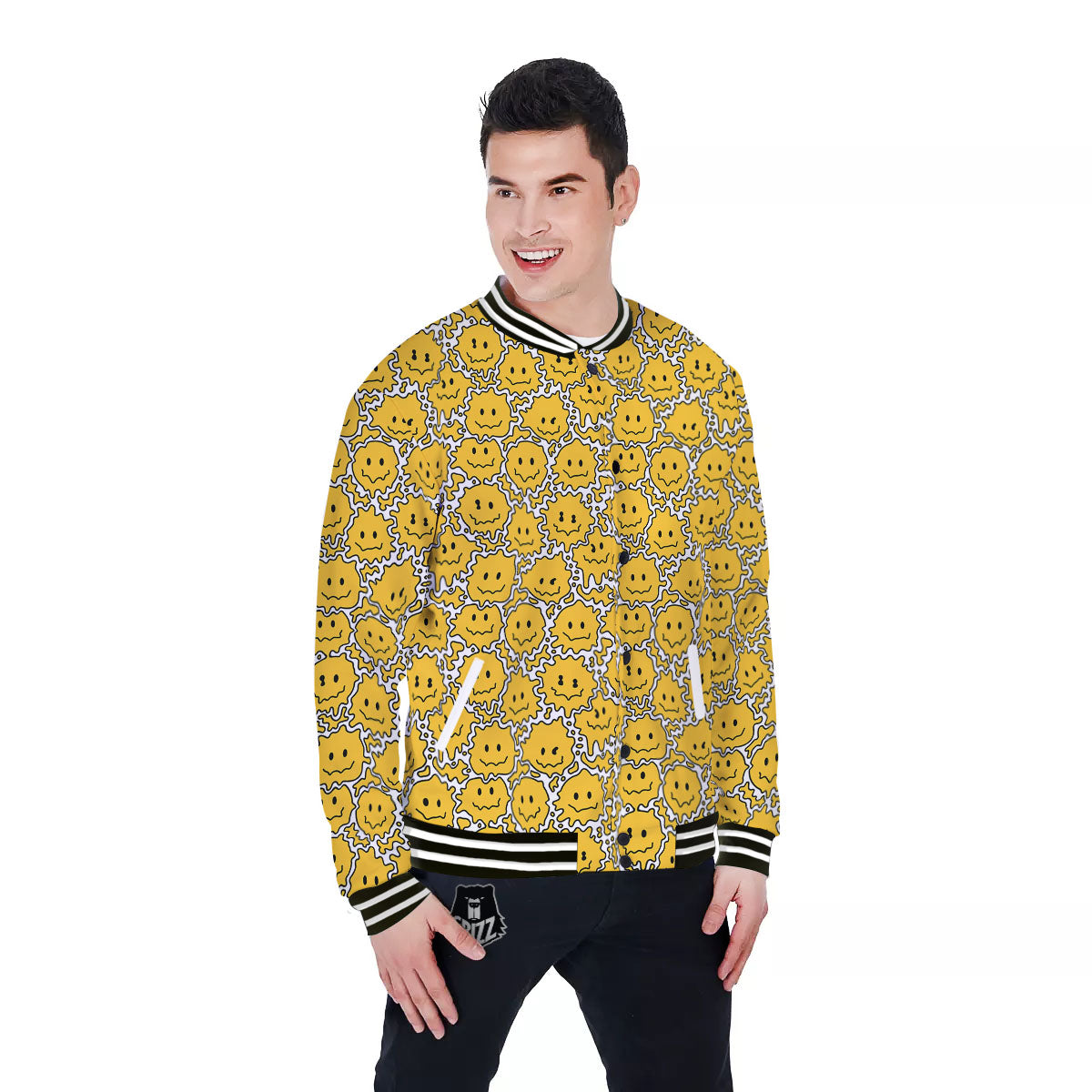 Trippy Abstract Psychedelic Emoji Print Baseball Jacket-grizzshop