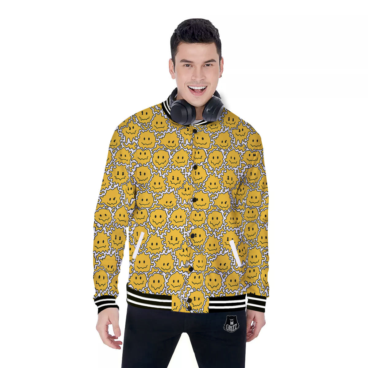 Trippy Abstract Psychedelic Emoji Print Baseball Jacket-grizzshop