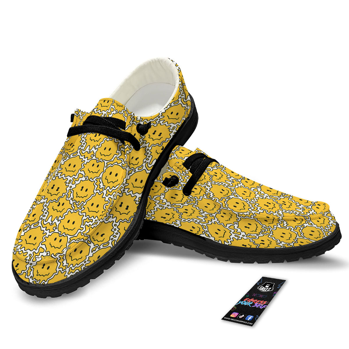 Trippy Abstract Psychedelic Emoji Print Black Loafers-grizzshop