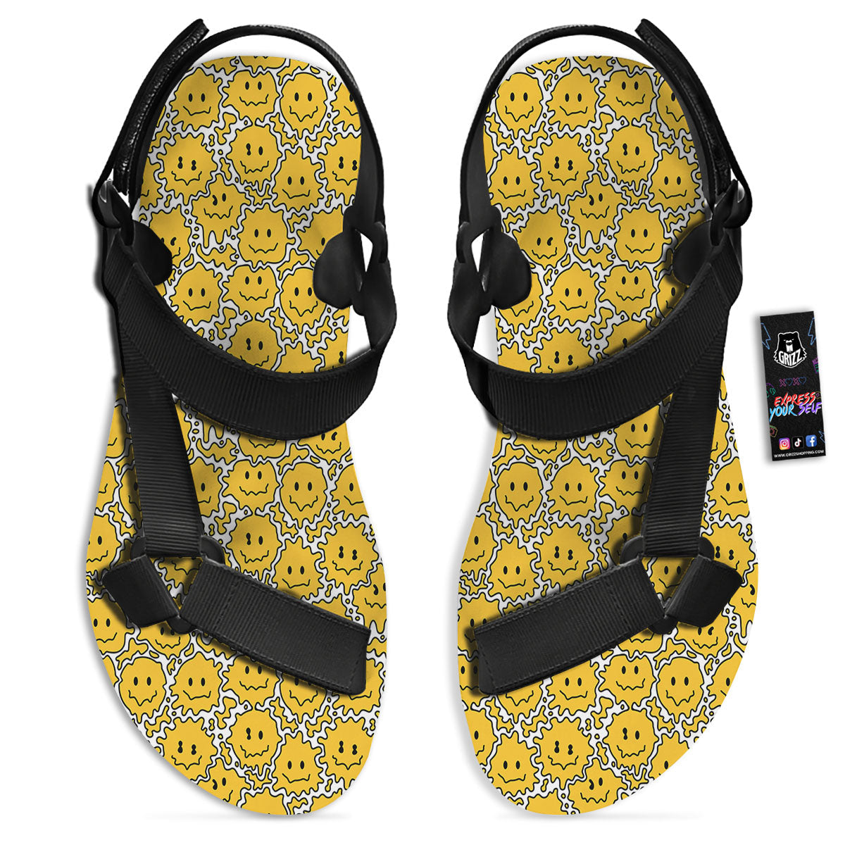 Trippy Abstract Psychedelic Emoji Print Black Open Toe Sandals-grizzshop