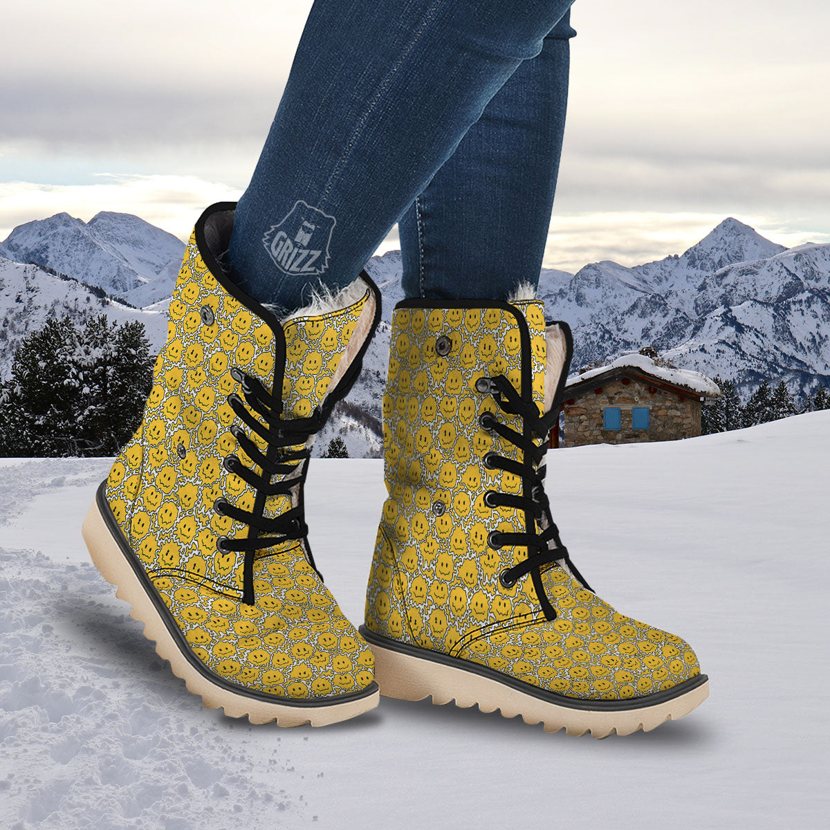 Trippy Abstract Psychedelic Emoji Print Snow Boots-grizzshop