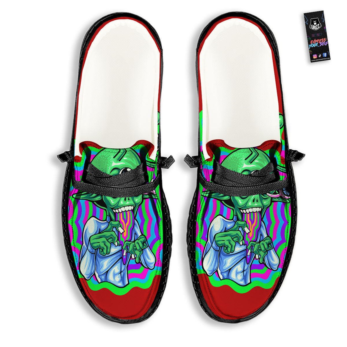 Trippy Alien Crazy Print Black Loafers-grizzshop
