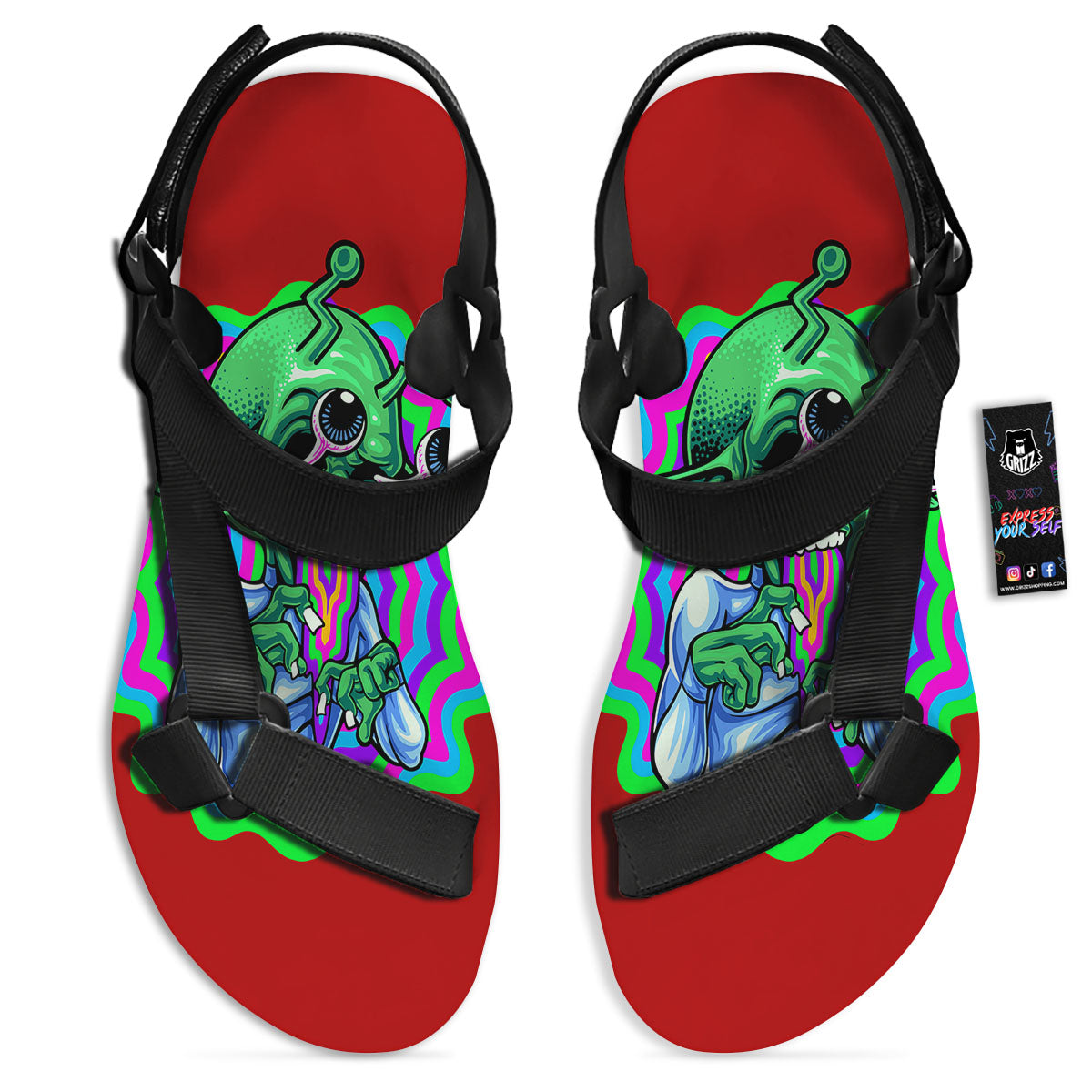Trippy Alien Crazy Print Black Open Toe Sandals-grizzshop