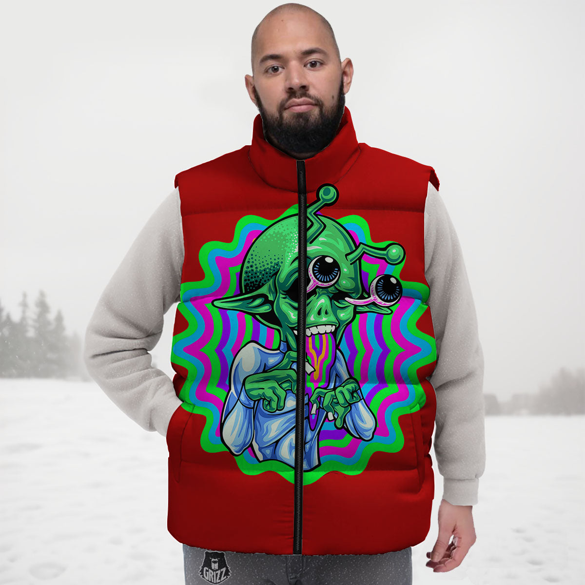 Trippy Alien Crazy Print Down Vest-grizzshop