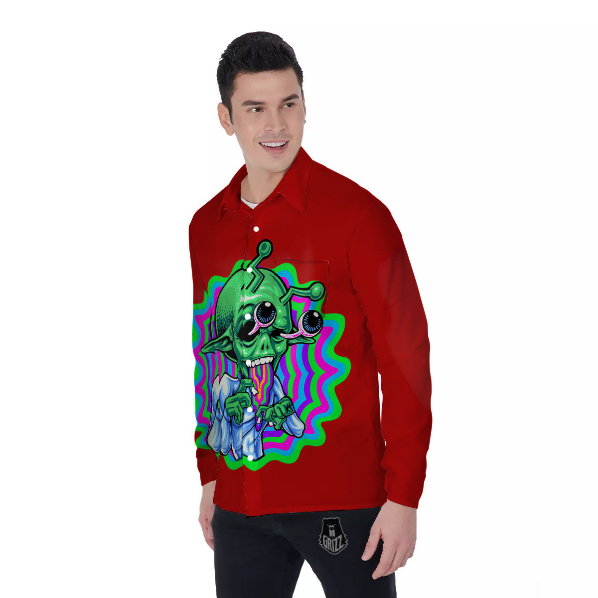 Trippy Alien Crazy Print Men's Long Sleeve Shirts-grizzshop