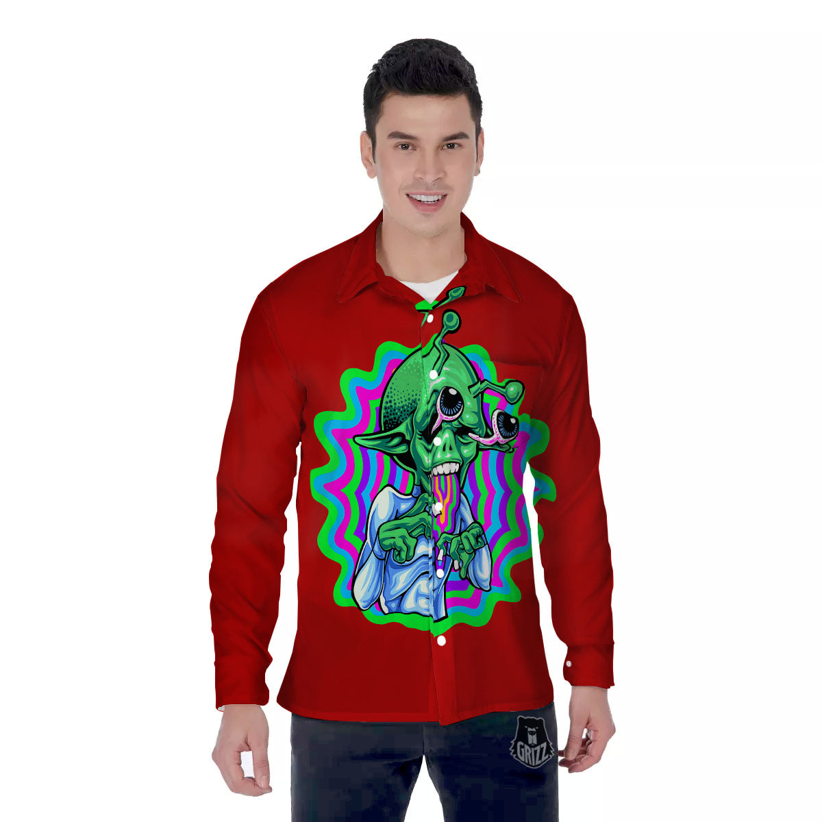 Trippy Alien Crazy Print Men's Long Sleeve Shirts-grizzshop
