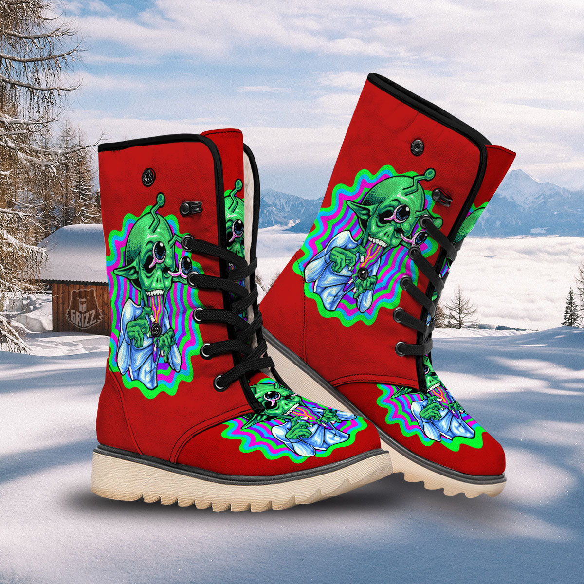 Trippy Alien Crazy Print Snow Boots-grizzshop