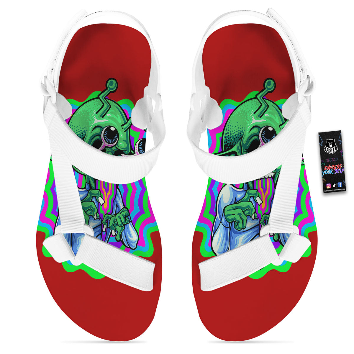 Trippy Alien Crazy Print White Open Toe Sandals-grizzshop