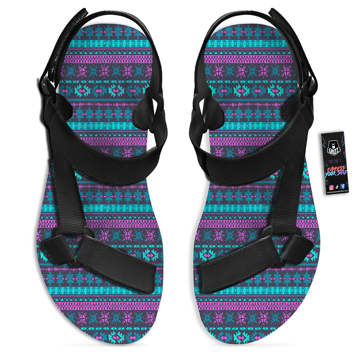 Trippy Ethnic Aztec Print Black Open Toe Sandals-grizzshop