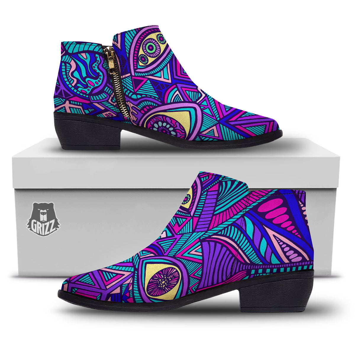 Trippy Ethnic Psychedelic Print Ankle Boots-grizzshop