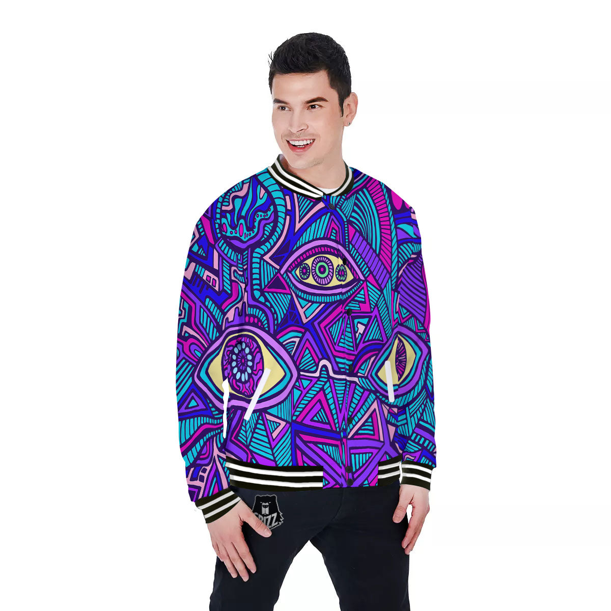 Trippy Ethnic Psychedelic Print Baseball Jacket-grizzshop