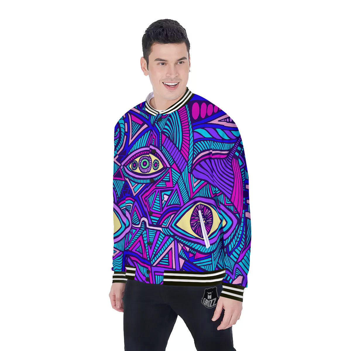 Trippy Ethnic Psychedelic Print Baseball Jacket-grizzshop