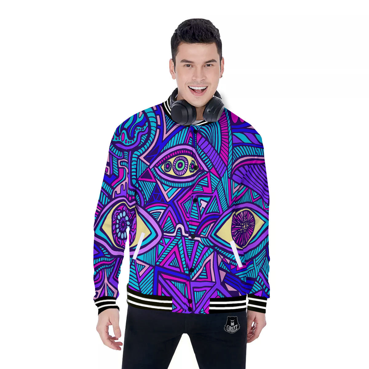Trippy Ethnic Psychedelic Print Baseball Jacket-grizzshop
