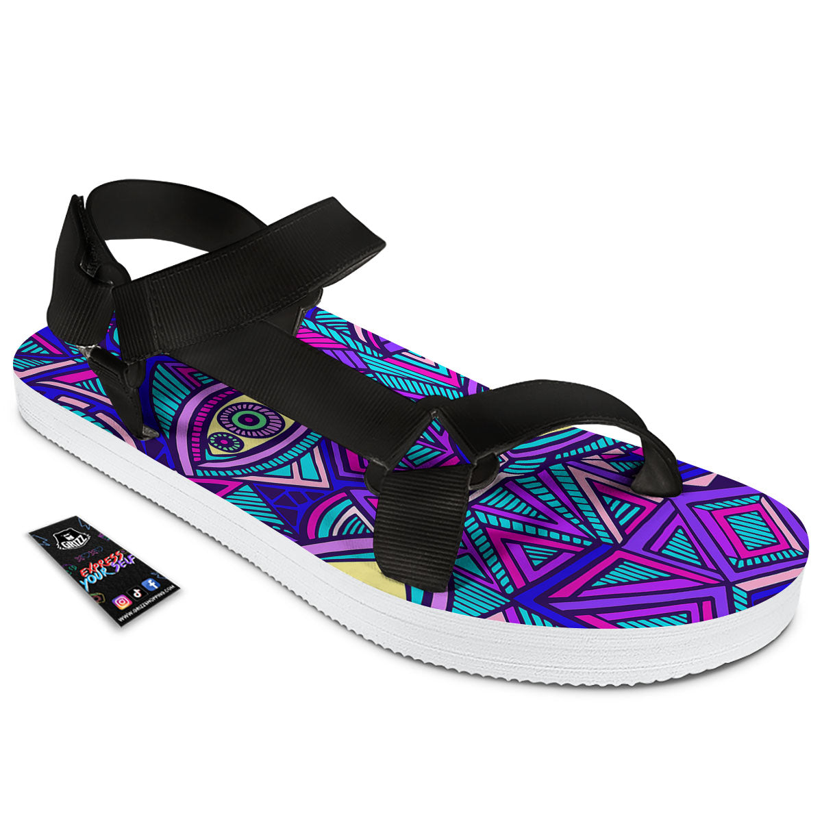 Trippy Ethnic Psychedelic Print Black Open Toe Sandals-grizzshop