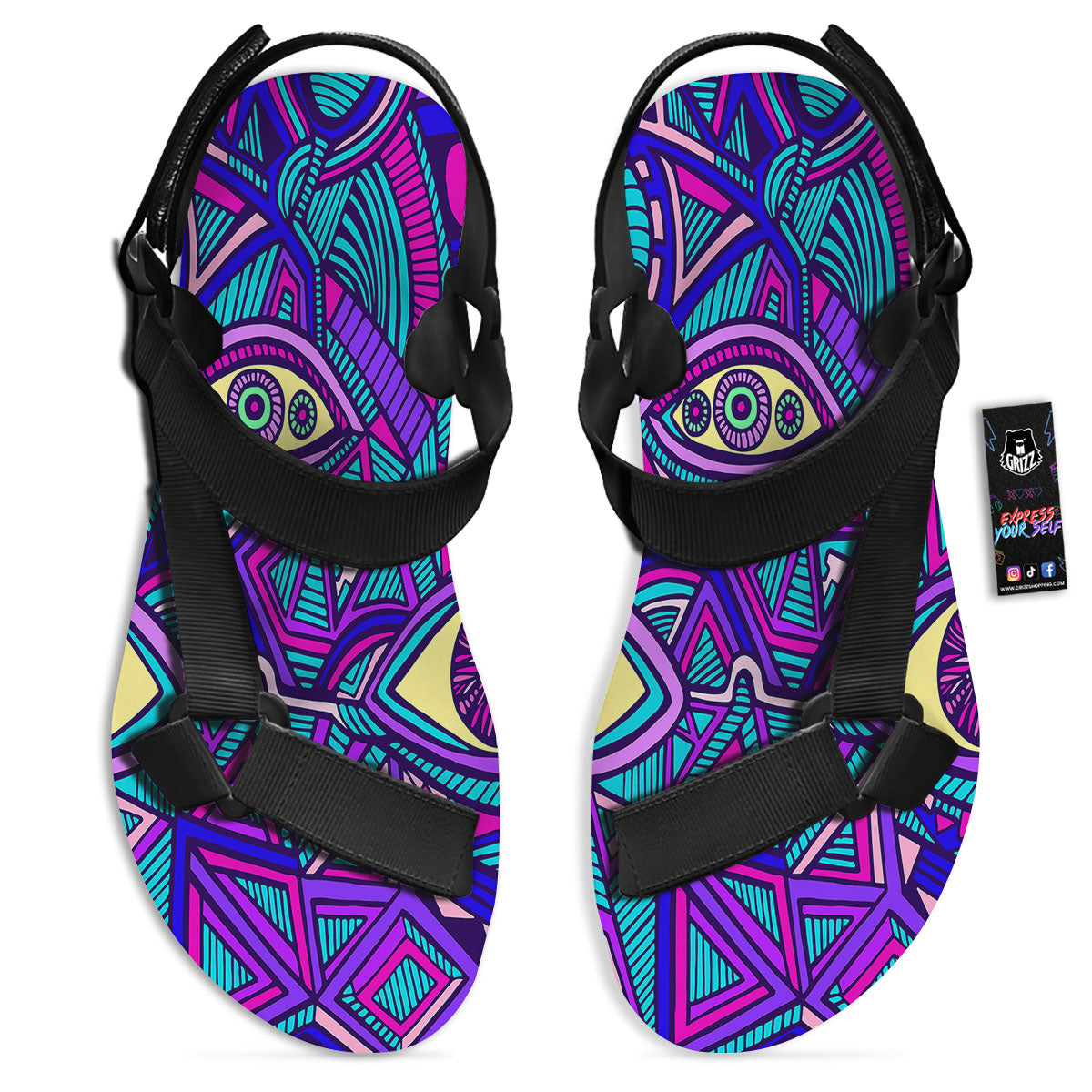 Trippy Ethnic Psychedelic Print Black Open Toe Sandals-grizzshop