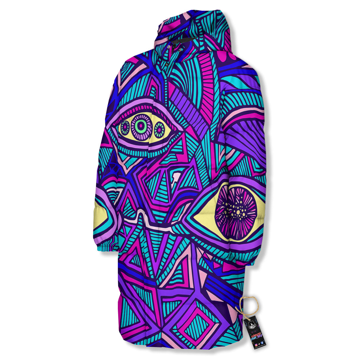 Trippy Ethnic Psychedelic Print Long Down Jacket-grizzshop