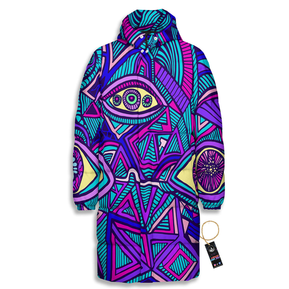 Trippy Ethnic Psychedelic Print Long Down Jacket-grizzshop