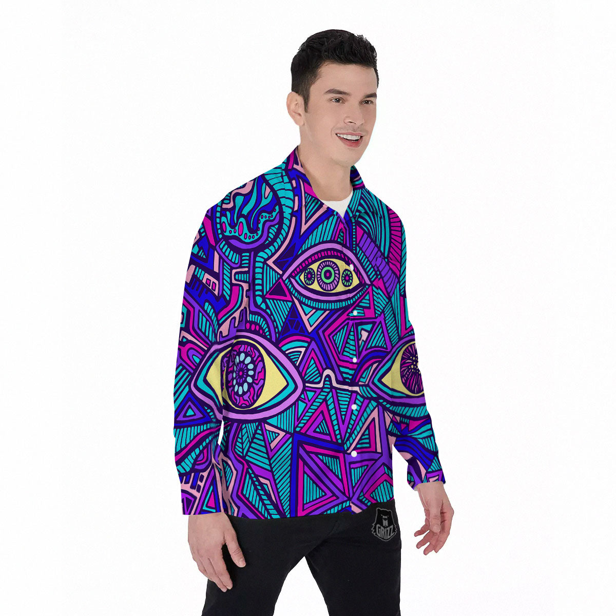 Trippy Ethnic Psychedelic Print Men's Long Sleeve Shirts-grizzshop