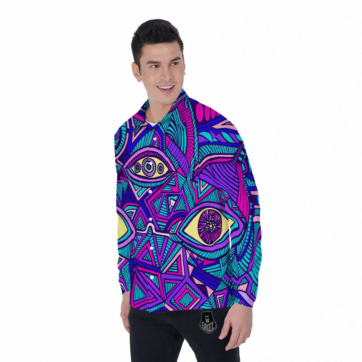 Trippy Ethnic Psychedelic Print Men's Long Sleeve Shirts-grizzshop