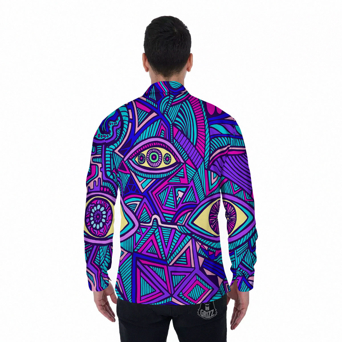 Trippy Ethnic Psychedelic Print Men's Long Sleeve Shirts-grizzshop
