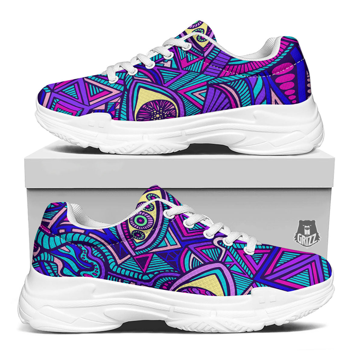 Trippy Ethnic Psychedelic Print White Chunky Shoes-grizzshop