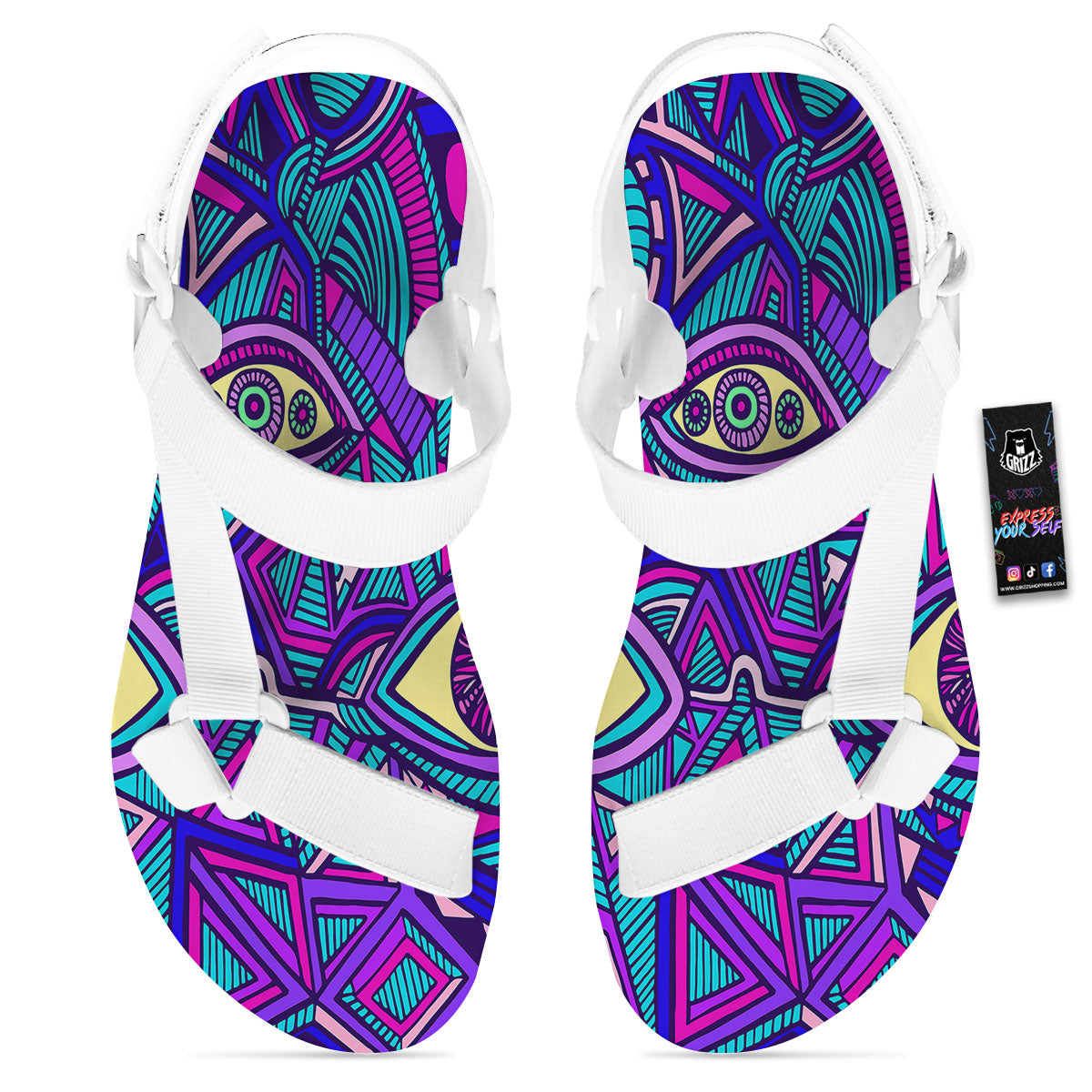 Trippy Ethnic Psychedelic Print White Open Toe Sandals-grizzshop