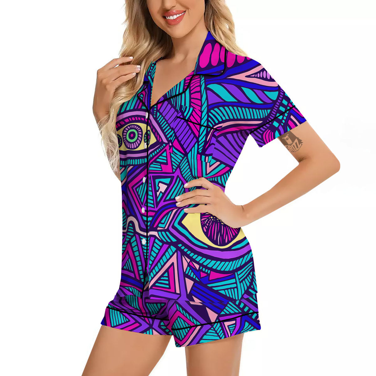 Trippy Ethnic Psychedelic Print Women Silk Pajamas-grizzshop