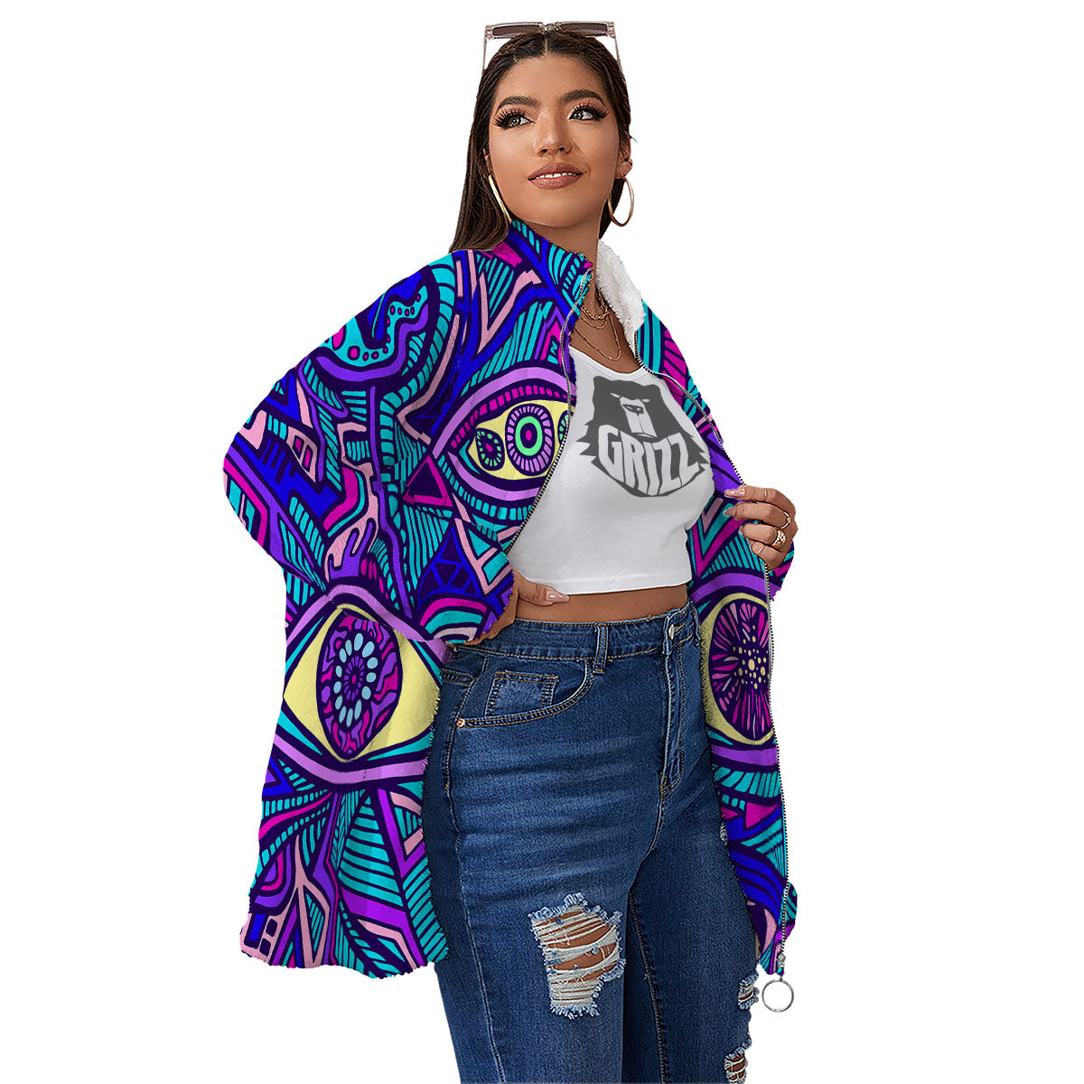 Trippy Ethnic Psychedelic Print Women's Sherpa Jacket-grizzshop