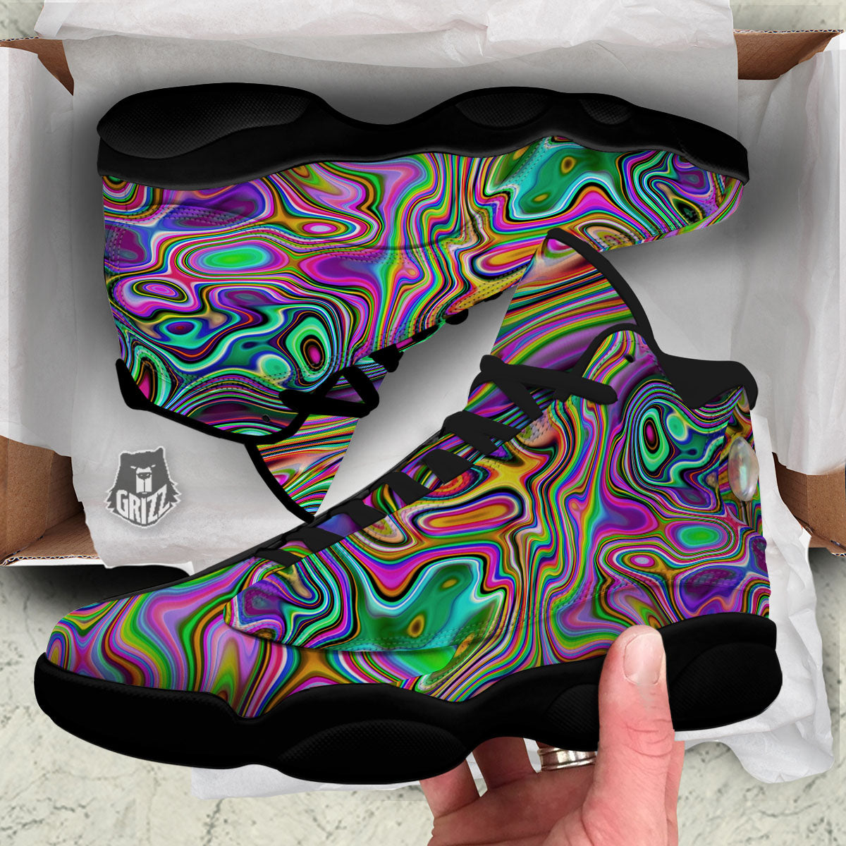 Trippy Liquid Holographic Print Black Basketball Shoes-grizzshop