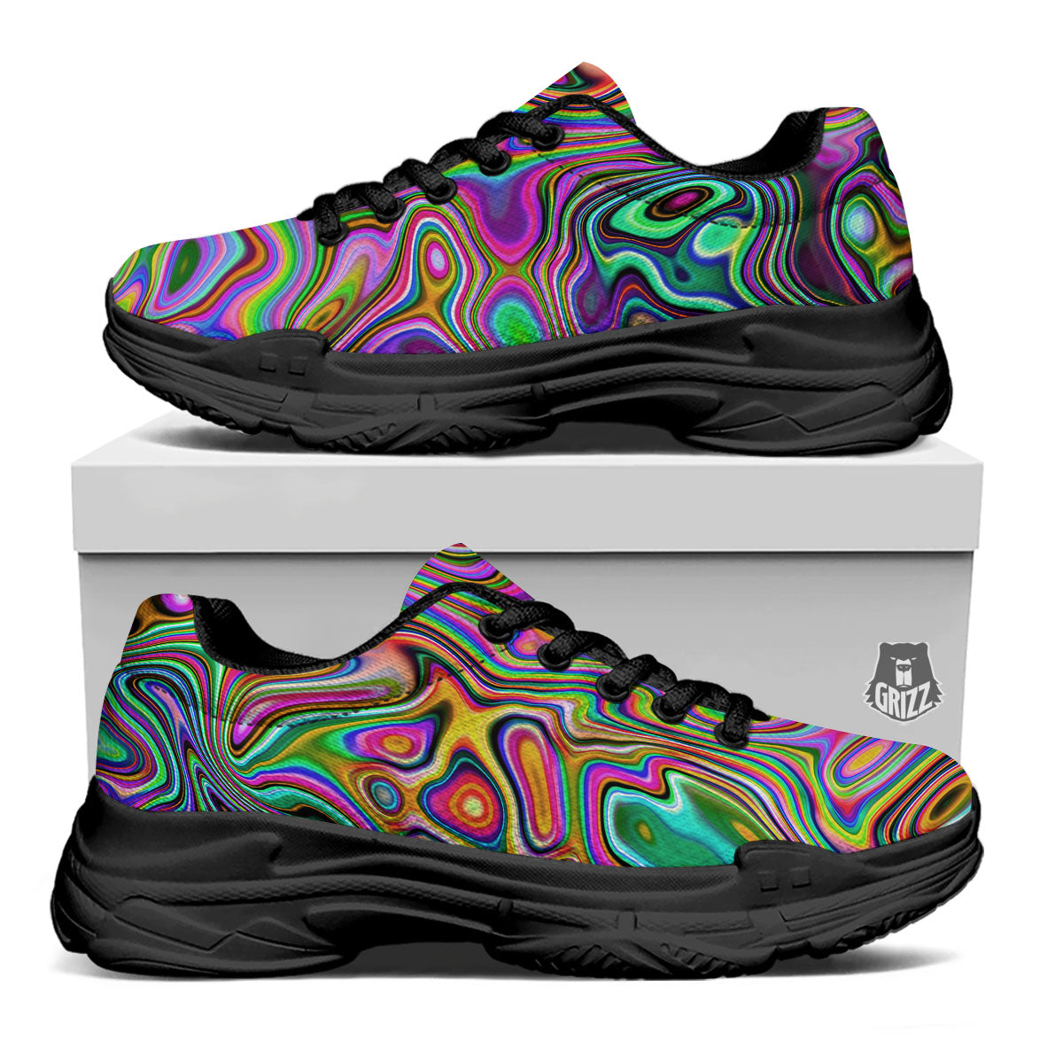 Trippy Liquid Holographic Print Black Chunky Shoes-grizzshop