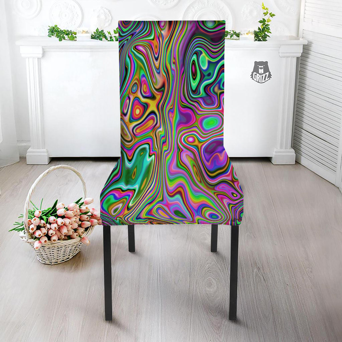 Trippy Liquid Holographic Print Dining Chair Slipcover-grizzshop