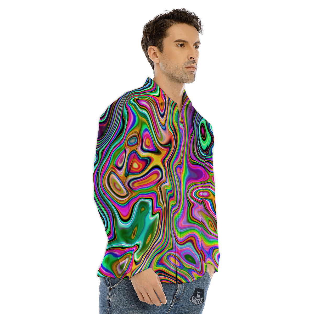 Trippy Liquid Holographic Print Men's Dress Shirts-grizzshop