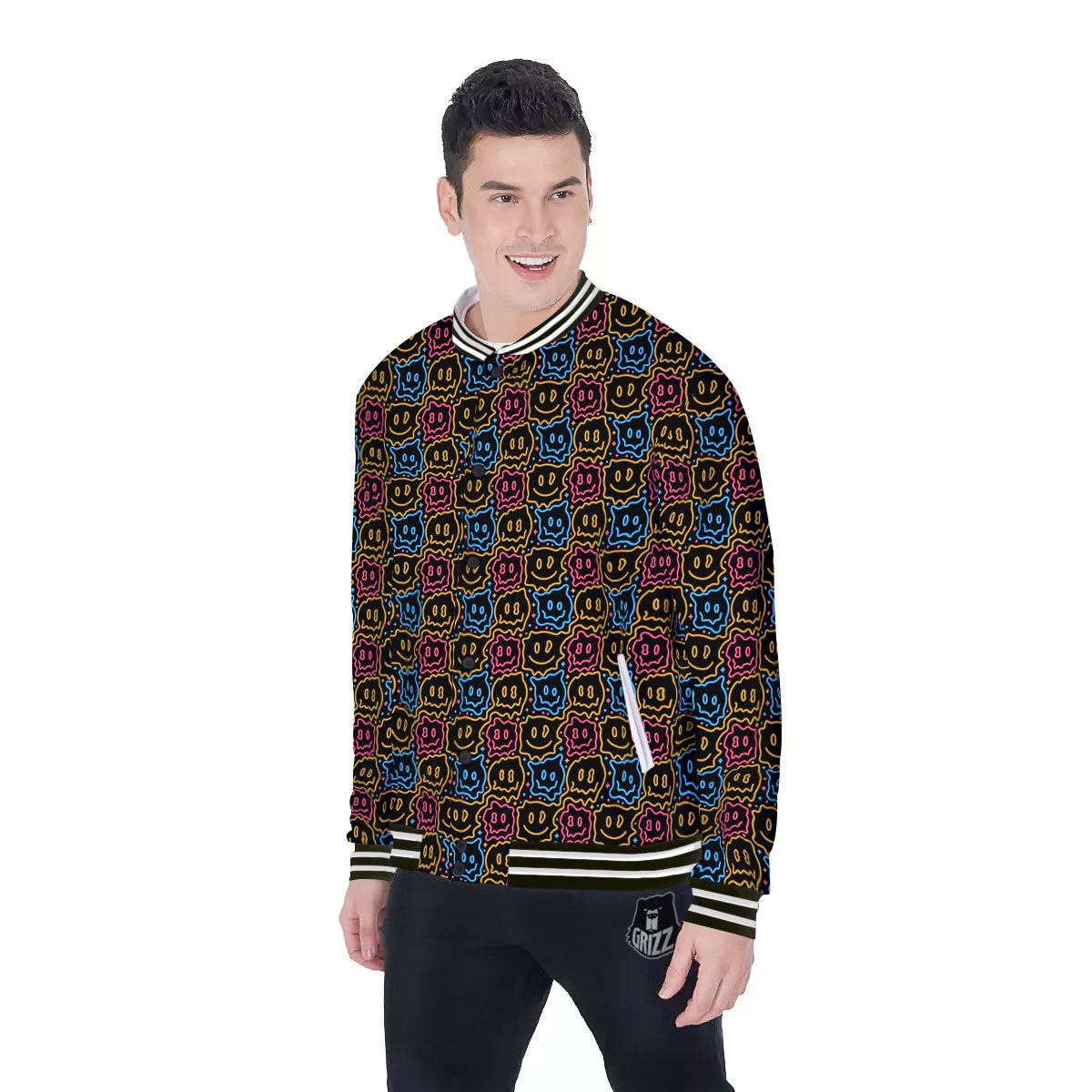 Trippy Neon Psychedelic Print Baseball Jacket-grizzshop
