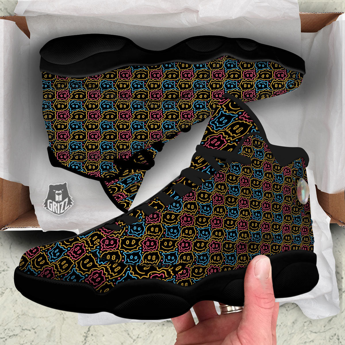 Trippy Neon Psychedelic Print Black Basketball Shoes-grizzshop