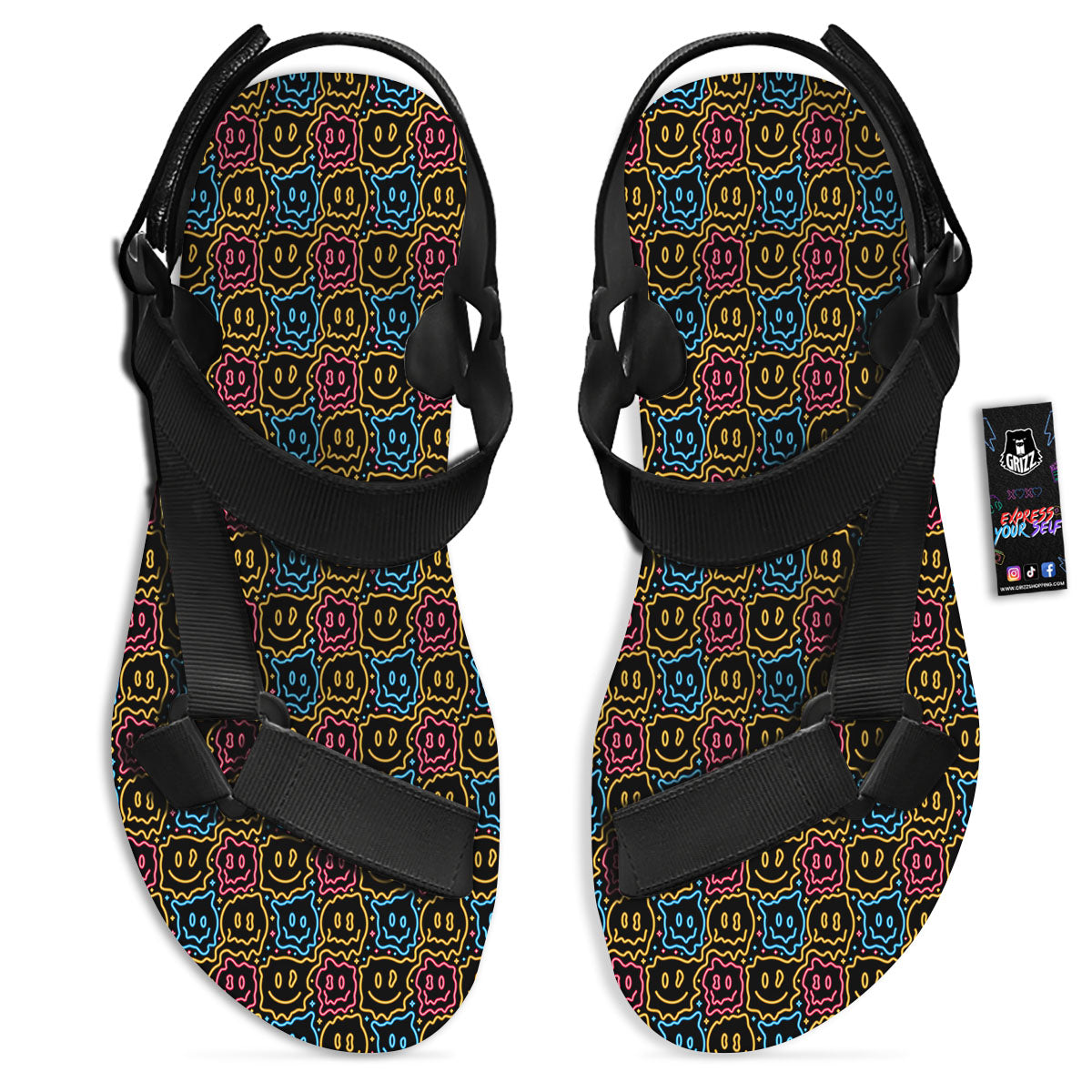 Trippy Neon Psychedelic Print Black Open Toe Sandals-grizzshop