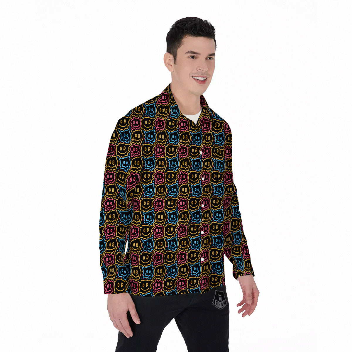 Trippy Neon Psychedelic Print Men's Long Sleeve Shirts-grizzshop