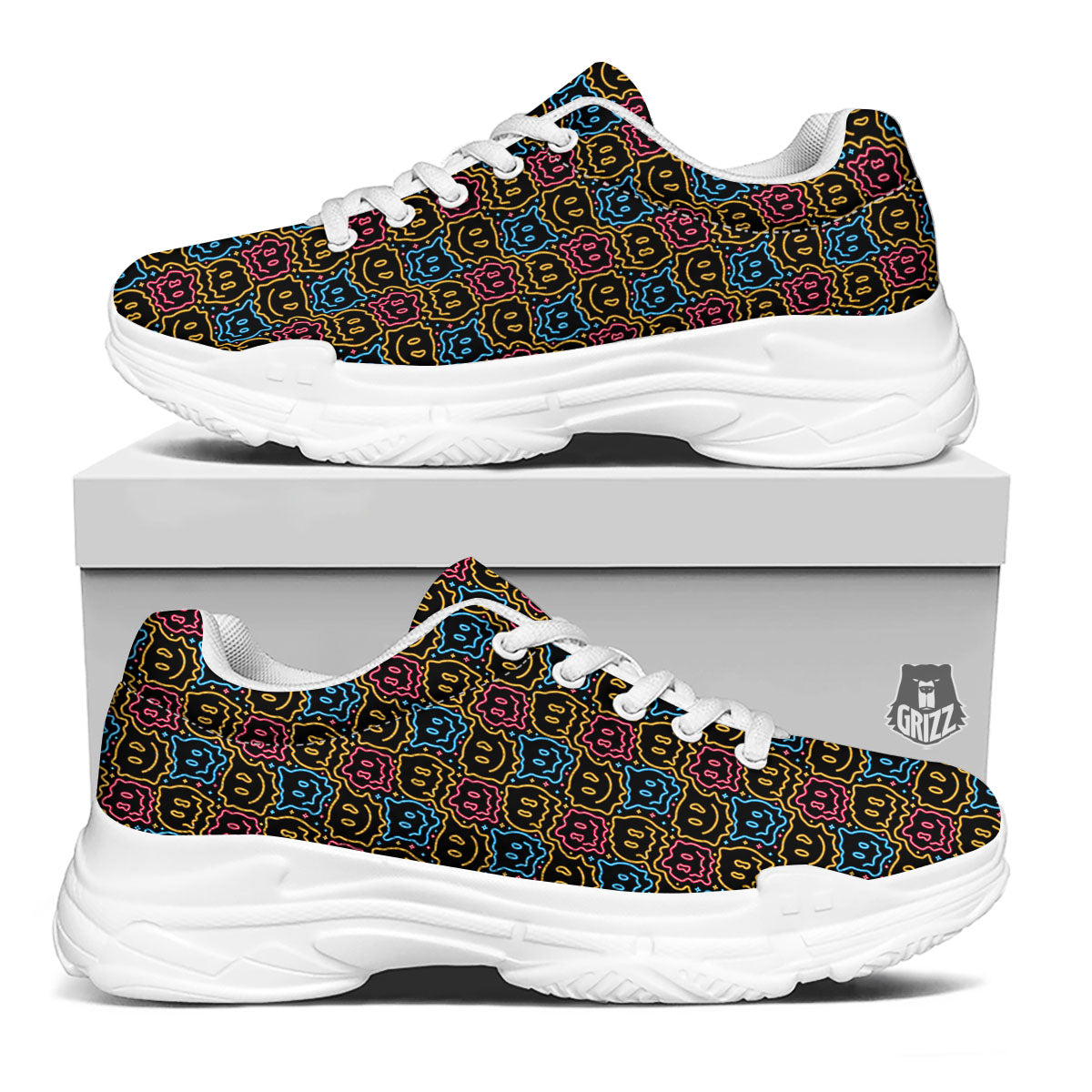 Trippy Neon Psychedelic Print White Chunky Shoes-grizzshop