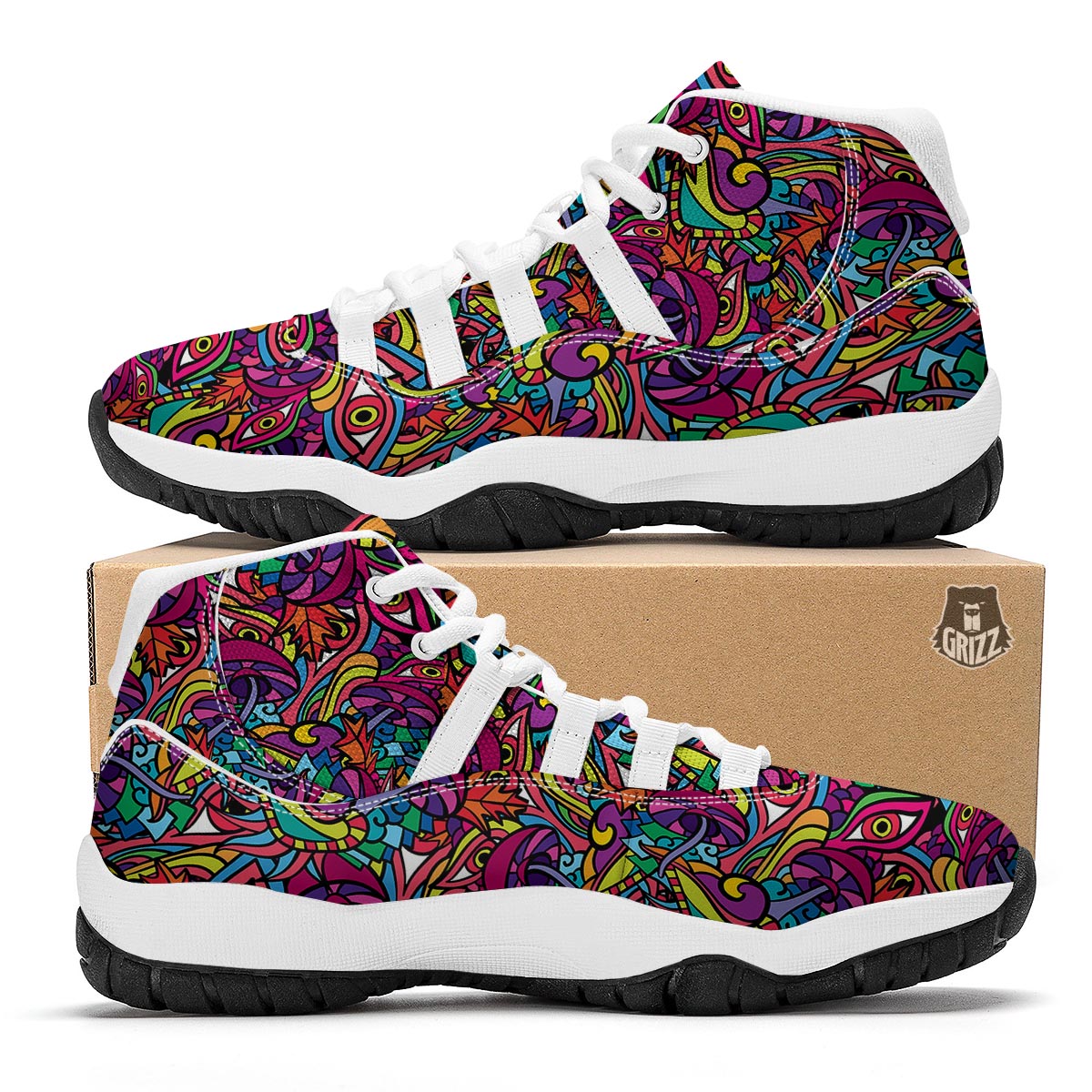 Trippy Print Pattern White Bball Shoes-grizzshop