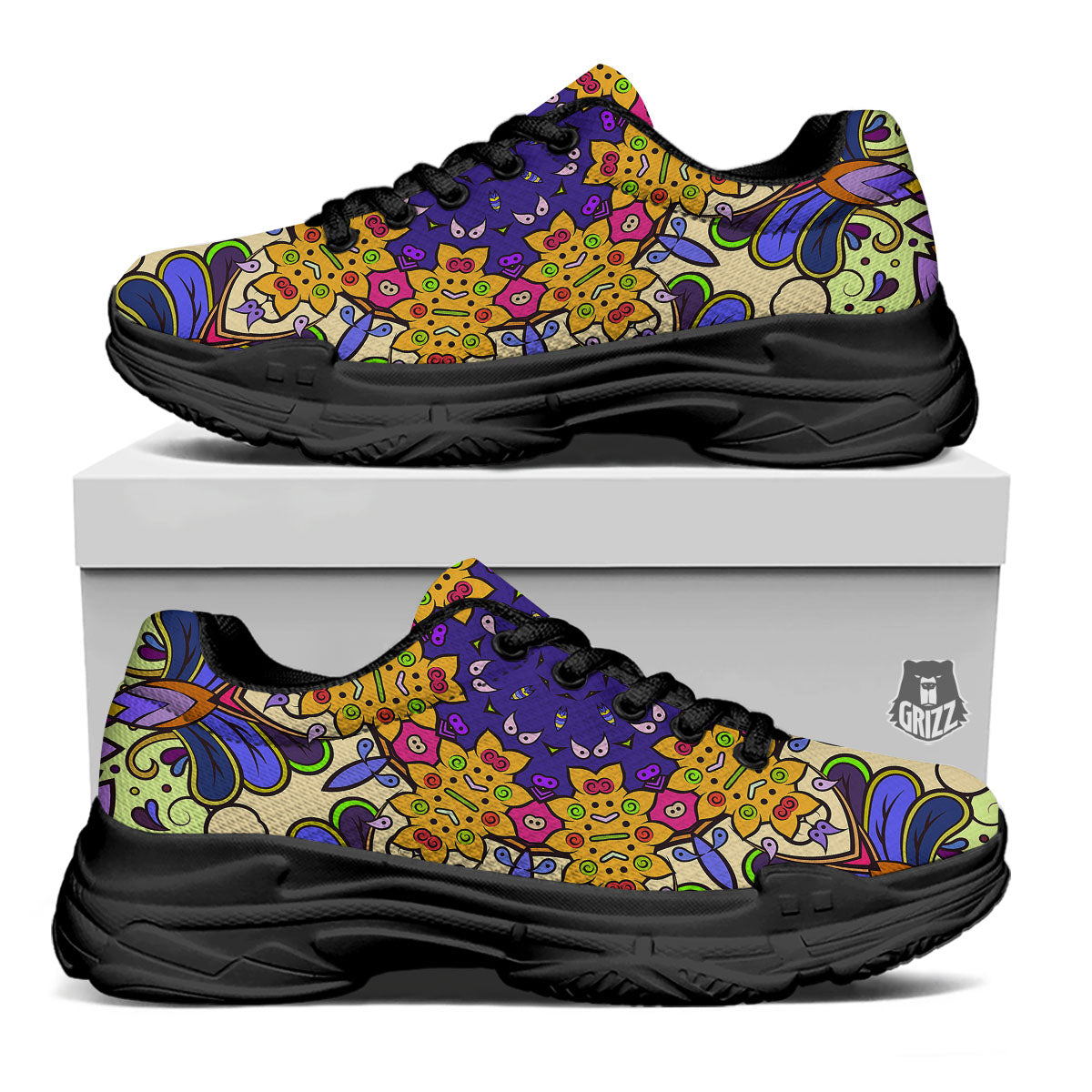 Trippy Psychedelic Ethnic Print Black Chunky Shoes-grizzshop